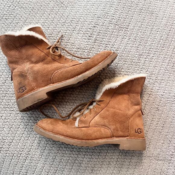 Ugg chestnut quincy boot sherpa lined womens 8.5 lace up suede leather ankle - Picture 10 of 11